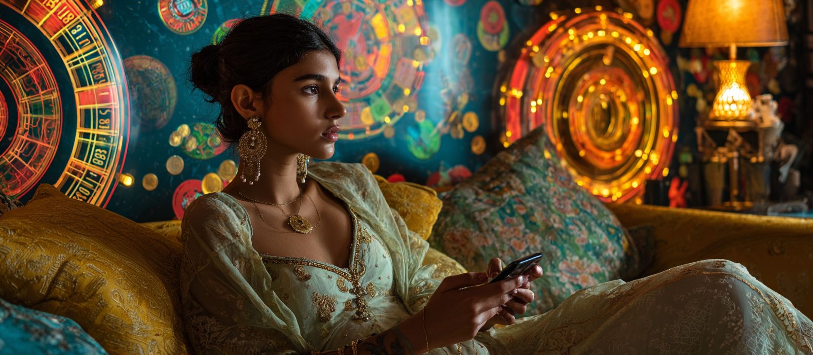 A woman in traditional dress holding a phone against a backdrop of roulette wheels and gold coins — the 8522 Bet mobile casino app in a luxurious setting.
