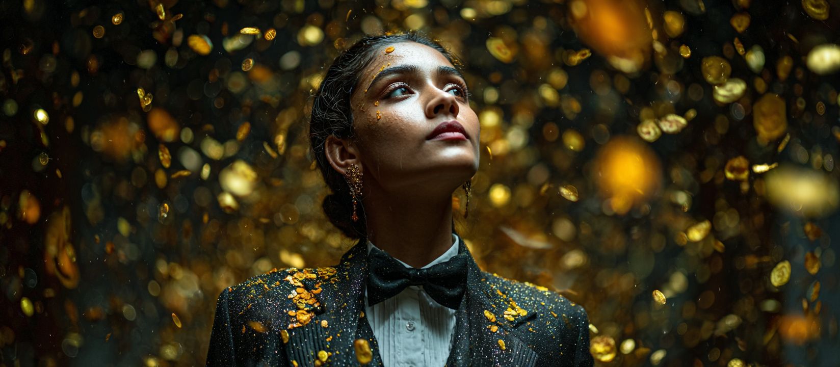 A woman in a gold sequined tuxedo looks up amid a shower of coins — an atmosphere of victory and wealth at 8522 Bet.