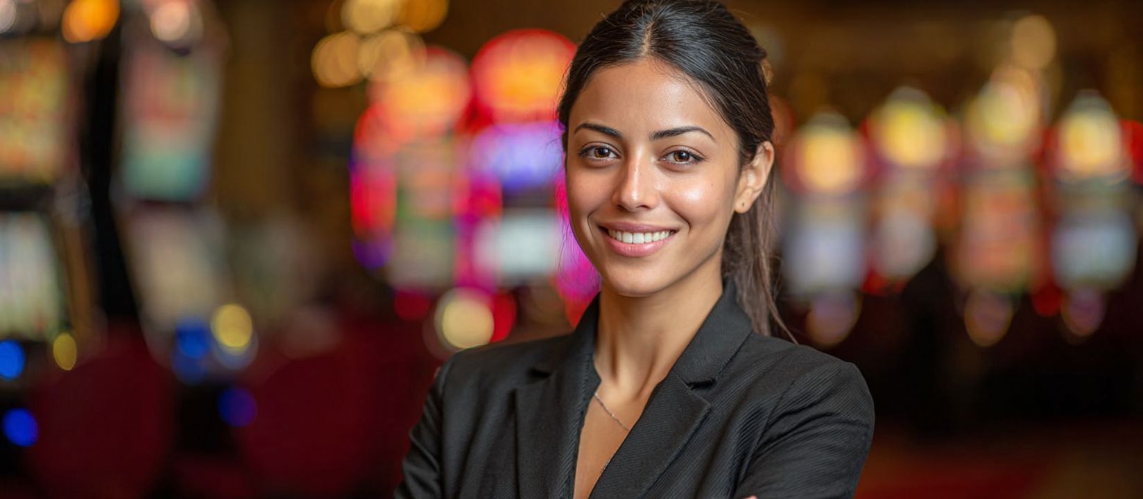 A smiling woman in a business suit against a backdrop of bright slot machines — a greeting from the 8522 Bet team in the games section.