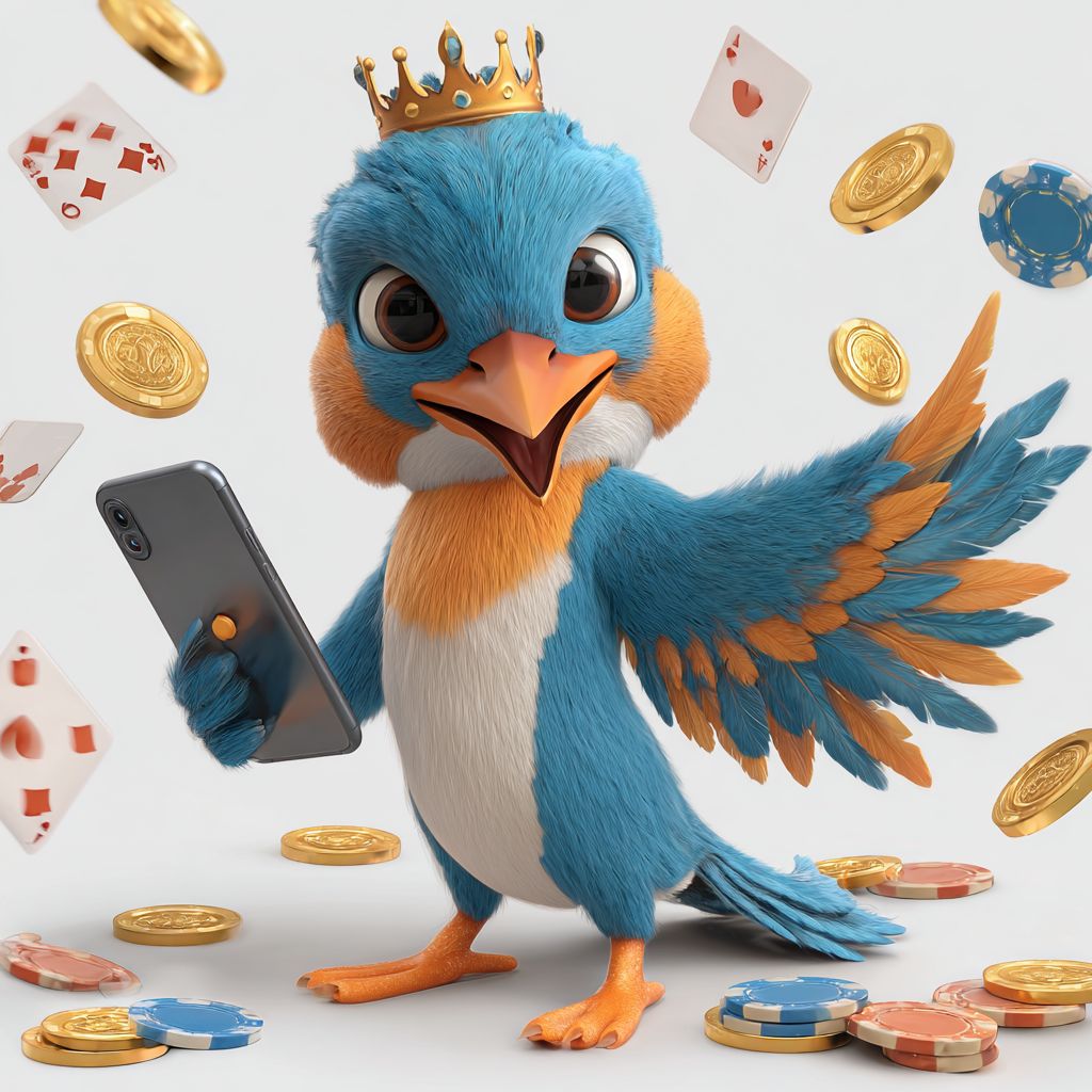 A cartoon nugget with a crown holds a smartphone, with game chips and cards flying around him - 8522 Bet mascot demonstrates the mobile app