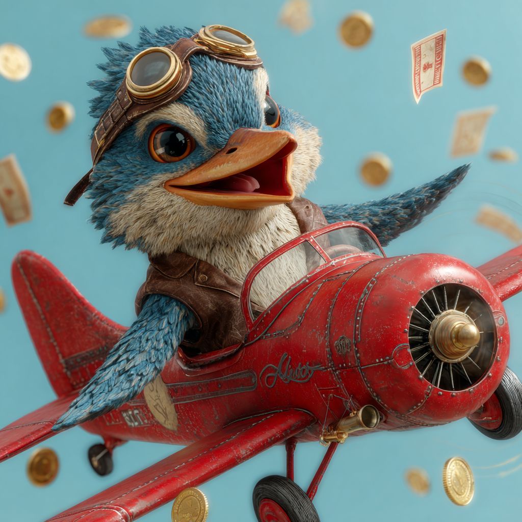 A nugget pilot in a leather jacket and goggles flies a red aeroplane with coins spinning in the sky - 8522 Bet and the Aviator game