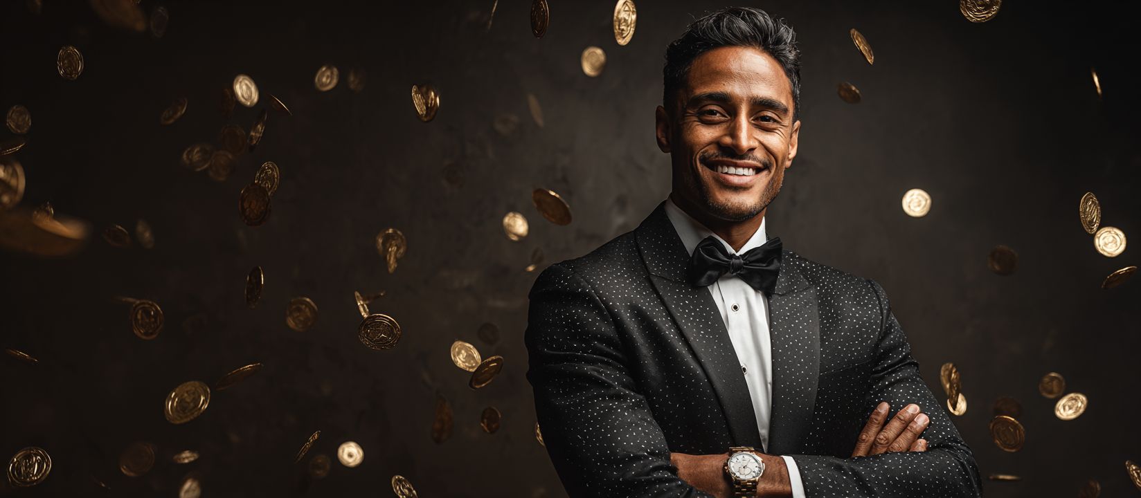 A confident man in a tuxedo against a backdrop of gold coins — enter your 8522 Bet personal account and access a world of winnings.