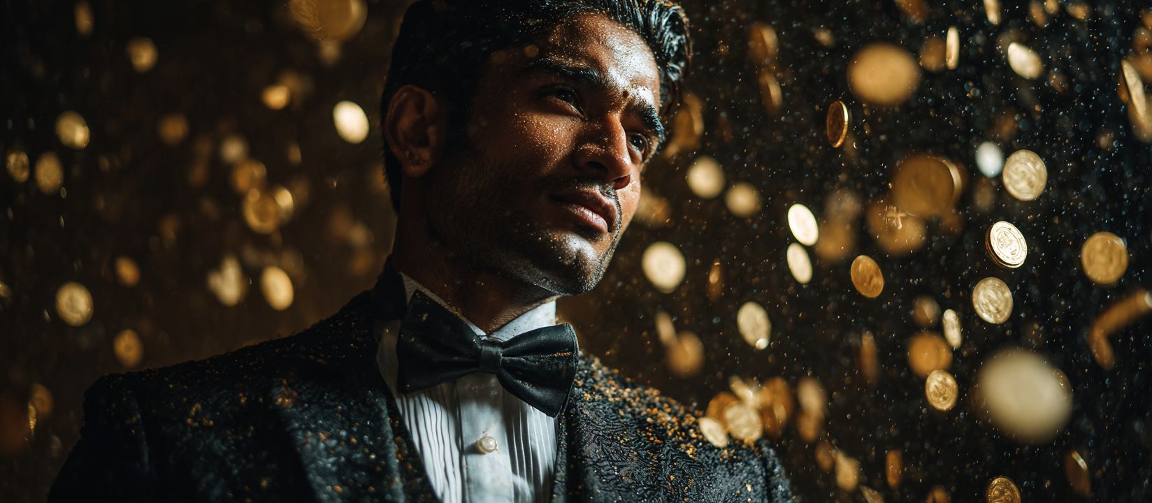 A man in a tuxedo under a shower of gold coins — style and success with online casino 8522 Bet