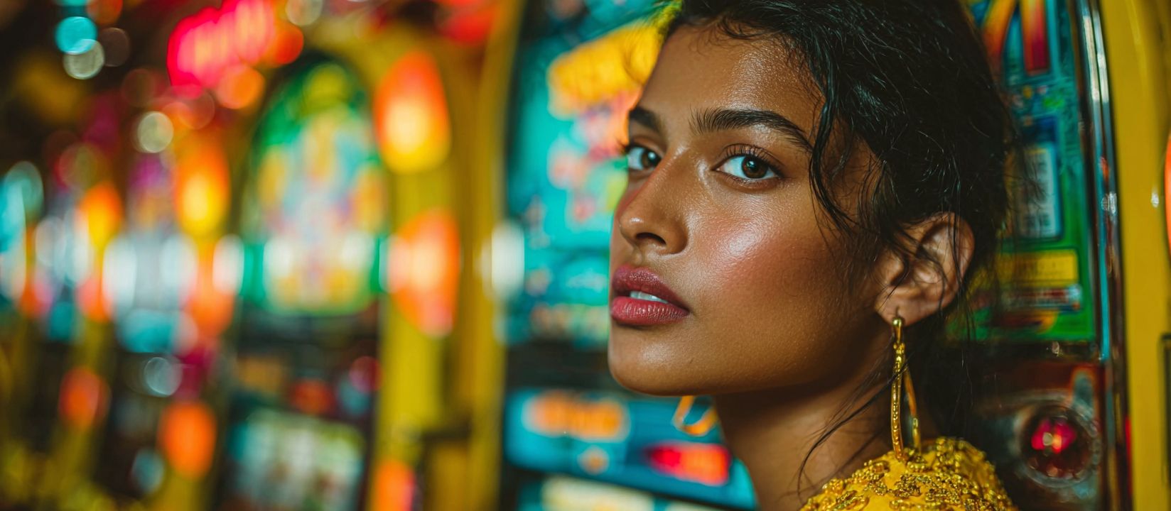 A woman in a golden dress stands next to bright slot machines — the online slots section at 8522 Bet casino.
