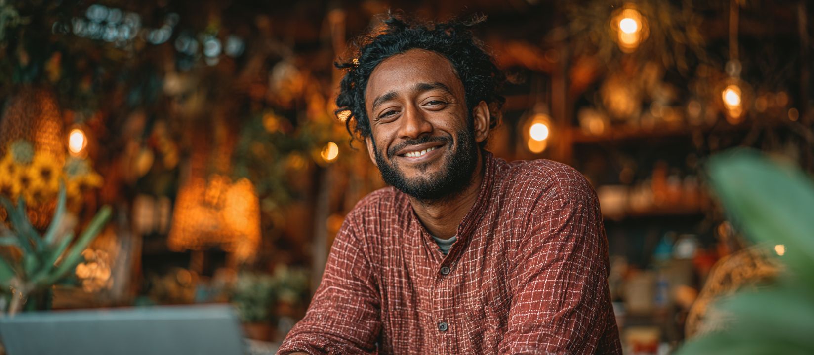 A smiling man in casual clothes sitting at a laptop against the backdrop of a warm interior — the sports betting section at 8522 Bet with a homely atmosphere.